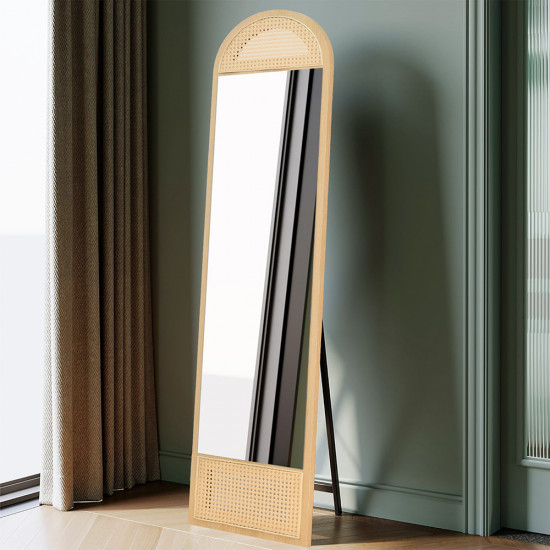 مرآة استاند بإطار خشب وراتان بيج 170×40 سم مرآة استاند بإطار خشب وراتان بيج 170×40 سم