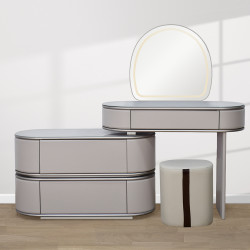 طاولة زينة بمرآة مضيئة وسطح زجاجي مع خزانة