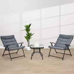 طقم جلسة خارجية قابلة للطي كرسيين مع طاولة بسطح زجاجي فاخر - رمادي