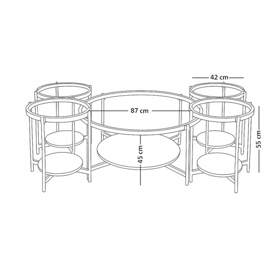 طقم طاولات خدمة 5 قطع من الزجاج والخشب والمعدن بني فاتح 87 سم