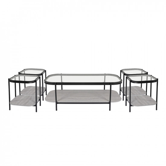 طقم طاولات خدمة 5 قطع من الزجاج والخشب والمعدن لون رمادي 120*45 سم طقم طاولات خدمة 5 قطع من الزجاج والخشب والمعدن لون رمادي 120*45 سم