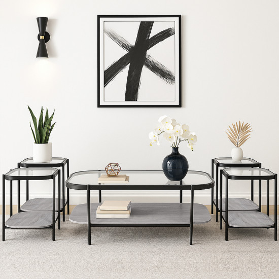 طقم طاولات خدمة 5 قطع من الزجاج والخشب والمعدن لون رمادي 120*45 سم طقم طاولات خدمة 5 قطع من الزجاج والخشب والمعدن لون رمادي 120*45 سم