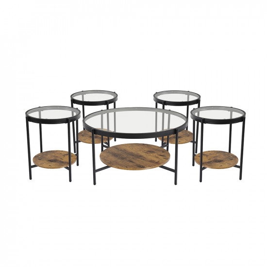 طقم طاولات خدمة 5 قطع من الزجاج والخشب والمعدن 90*50 سم