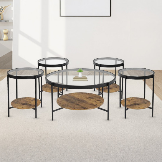 طقم طاولات خدمة 5 قطع من الزجاج والخشب والمعدن 90*50 سم