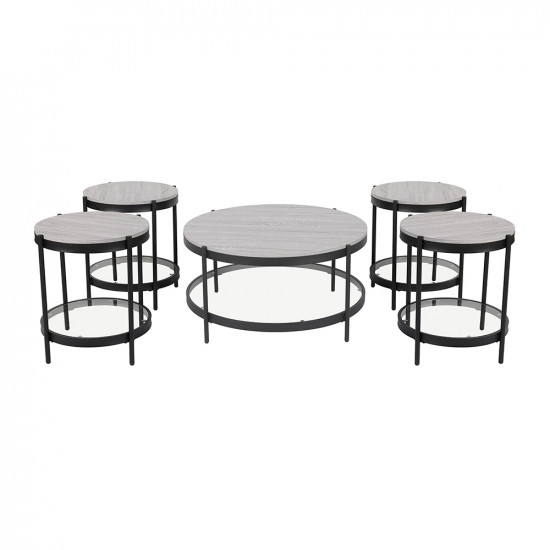 طقم طاولات خدمة 5 قطع من الخشب والزجاج والمعدن لون رمادي