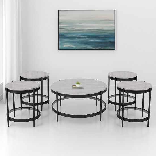 طقم طاولات خدمة 5 قطع من الخشب والزجاج والمعدن لون رمادي