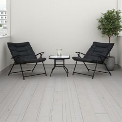 طقم جلسة خارجية قابلة للطي كرسيين مع طاولة بسطح زجاجي فاخر - أسود