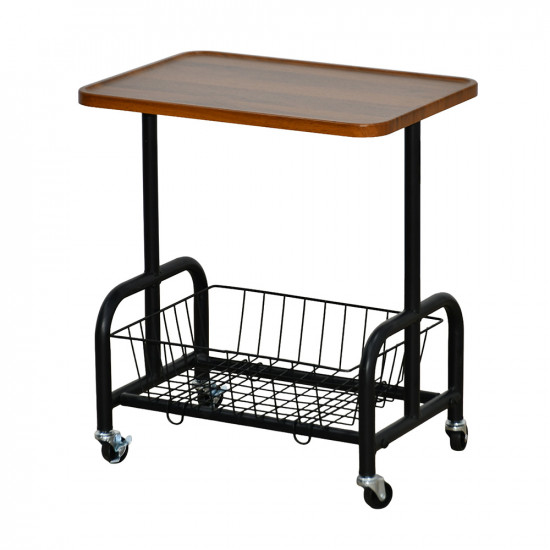 عربة تقديم سطح خشبي مع رف تخزين معدني