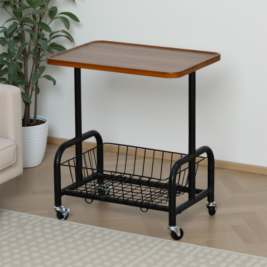 عربة تقديم سطح خشبي مع رف تخزين معدني