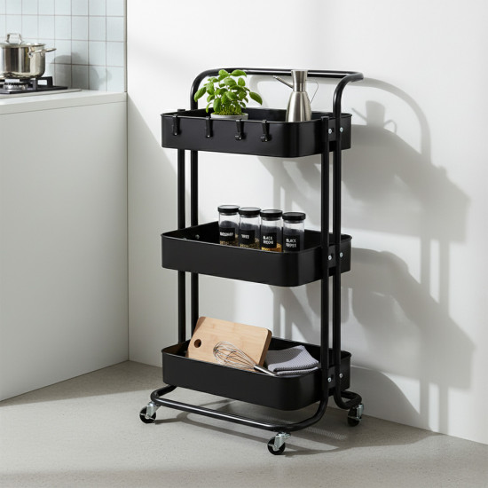 وحدة رفوف متحركة معدنية 3 أدوار أسود