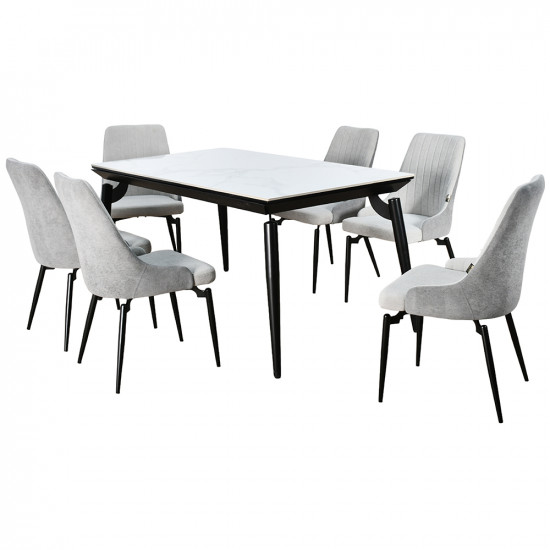 طاولة طعام رخام بأرجل معدنية 6 كراسي رمادي طاولة طعام رخام بأرجل معدنية 6 كراسي رمادي