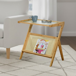 طاولة خدمة مفرد خشب وراتان بسطح زجاجي