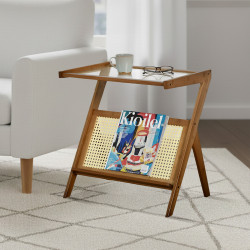 طاولة خدمة مفرد خشب وراتان بسطح زجاجي طاولة خدمة مفرد خشب وراتان بسطح زجاجي