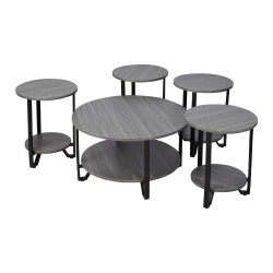 طقم طاولات قهوة وخدمة خشبي 4+1 تصميم دائري رمادي طقم طاولات قهوة وخدمة خشبي 4+1 تصميم دائري رمادي