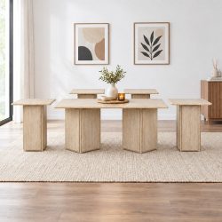 طقم طاولات قهوة وخدمة 5 قطع تصميم خشبي مودرن بيج طقم طاولات قهوة وخدمة 5 قطع تصميم خشبي مودرن بيج