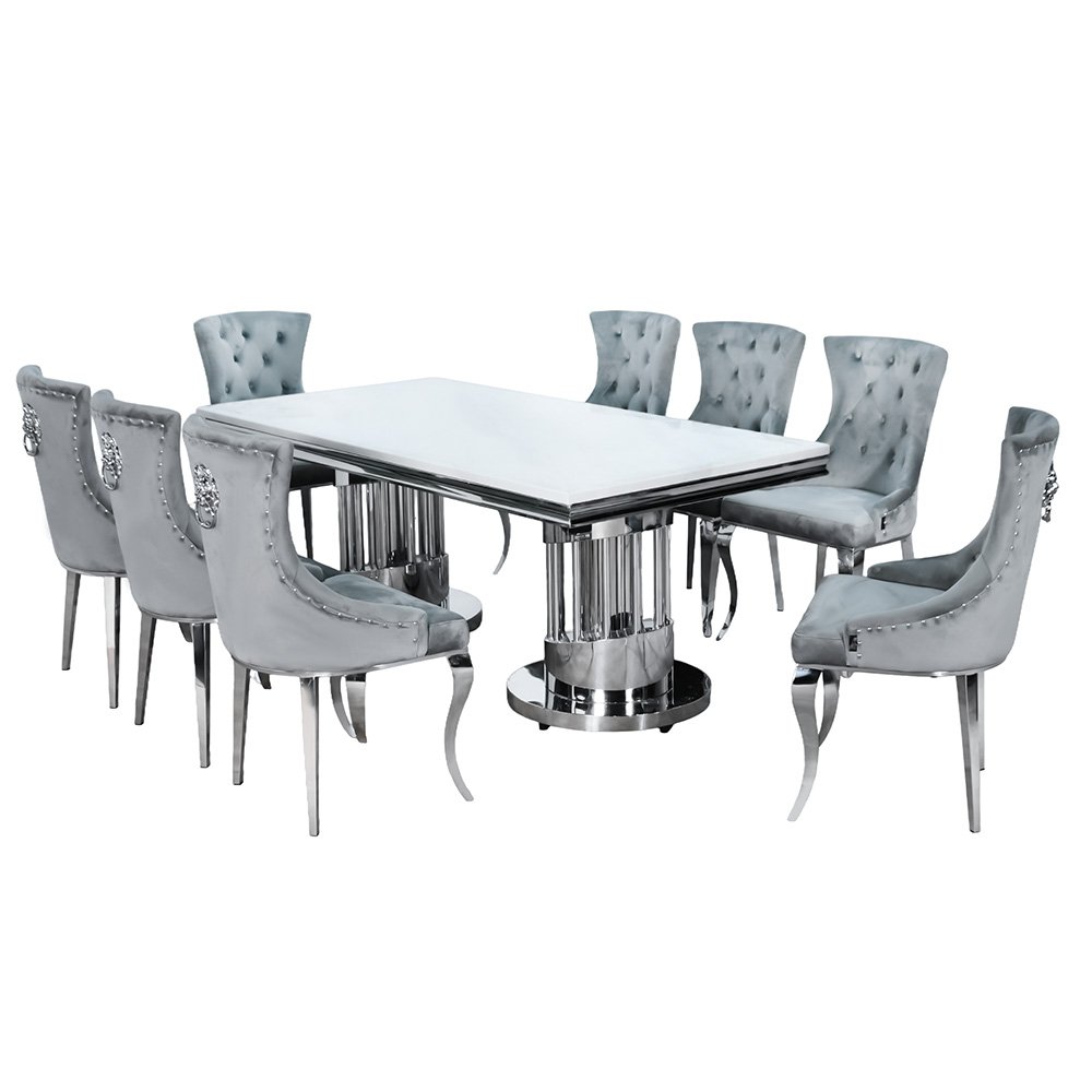 طاولة طعام فاخرة رخام بأرجل معدنية 8 كراسي رمادي