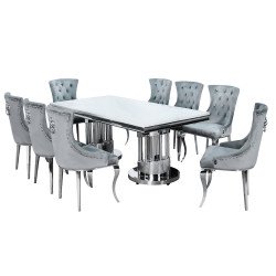 طاولة طعام فاخرة رخام بأرجل معدنية 8 كراسي رمادي
