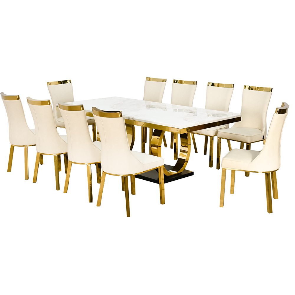 طاولة طعام رخام فاخرة 10 كراسي بقاعدة معدنية ذهبية