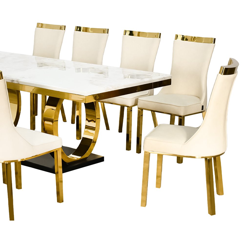 طاولة طعام رخام فاخرة 10 كراسي بقاعدة معدنية ذهبية