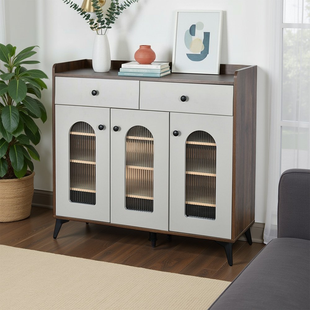 دولاب بوفيه خشب بأبواب زجاجية 100 سم