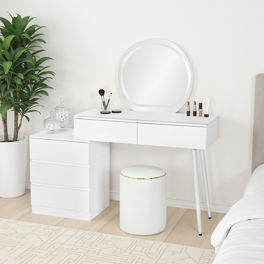 طاولة زينة بمرآة مضيئة وسطح زجاجي أبيض طاولة زينة بمرآة مضيئة وسطح زجاجي أبيض