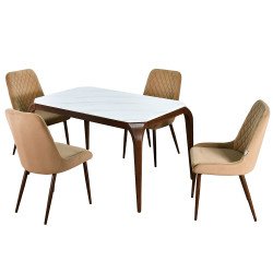 طاولة طعام رخام بأرجل معدنية 4 كراسي بيج