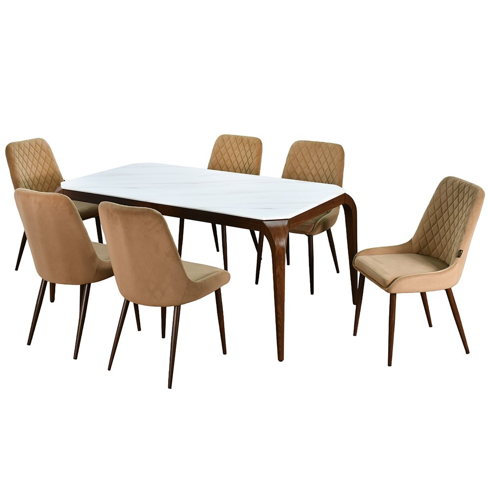 طاولة طعام رخام بأرجل معدنية 6 كراسي بيج 