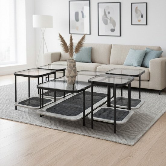 طقم طاولات خدمة 5 قطع 2 دور سطح زجاجي