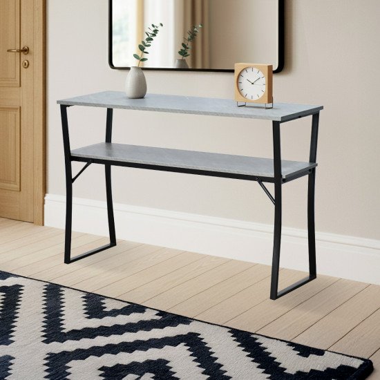 مدخل أستقبال خشبي 2 دور بهيكل معدني رمادي