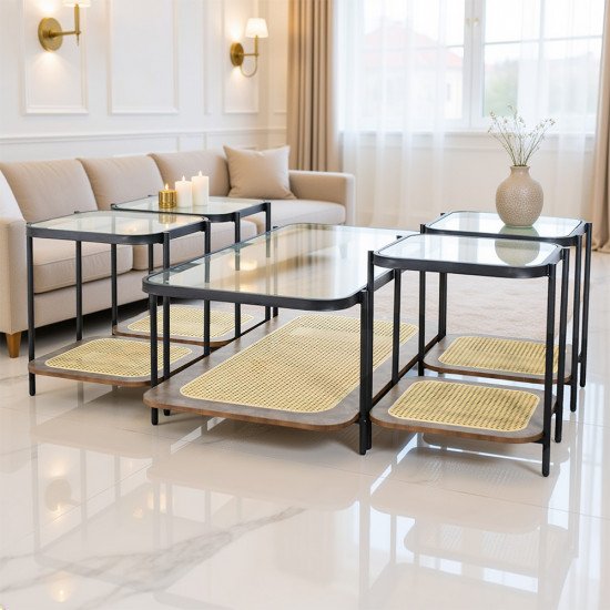 طقم طاولات خدمة 5 قطع 2 دور سطح زجاجي