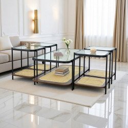 طقم طاولات خدمة 5 قطع 2 دور سطح زجاجي