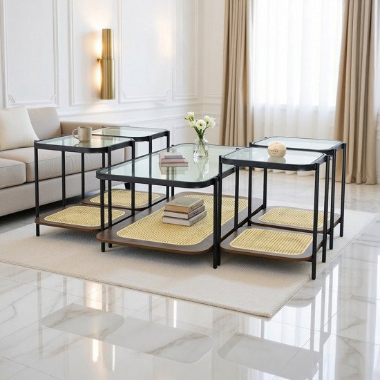 طقم طاولات خدمة 5 قطع 2 دور سطح زجاجي