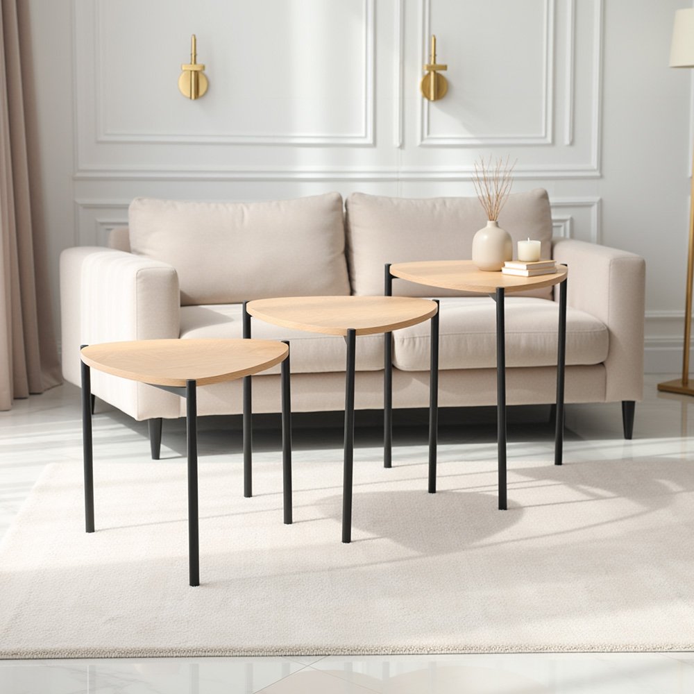 طقم طاولات خدمة 3 قطع خشب بأرجل معدنية