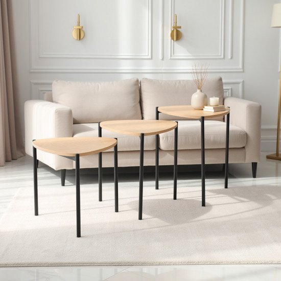 طقم طاولات خدمة 3 قطع خشب بأرجل معدنية