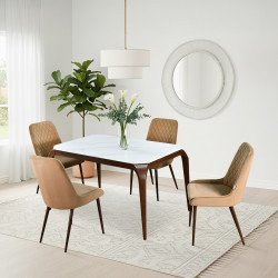 طاولة طعام رخام بأرجل معدنية 4 كراسي بيج طاولة طعام رخام بأرجل معدنية 4 كراسي بيج