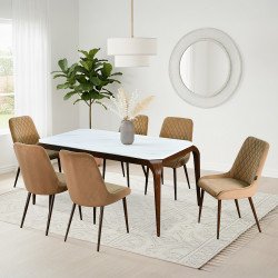 طاولة طعام رخام بأرجل معدنية 6 كراسي بيج طاولة طعام رخام بأرجل معدنية 6 كراسي بيج