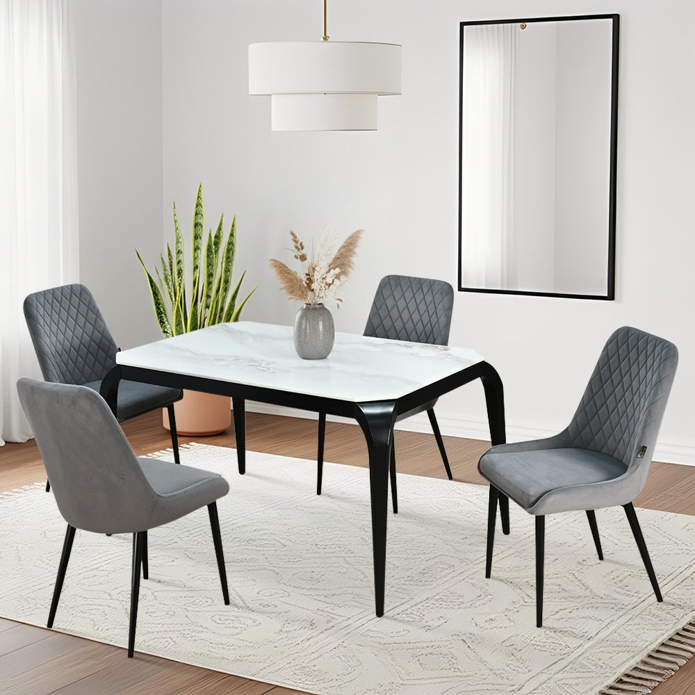 طاولة طعام رخام بأرجل معدنية 4 كراسي رمادي