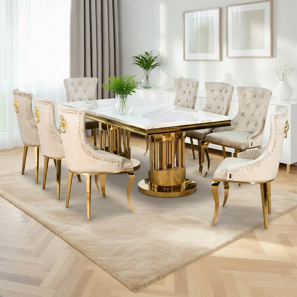 طاولة طعام رخام فاخرة 8 كراسي بقاعدة معدنية ذهبية