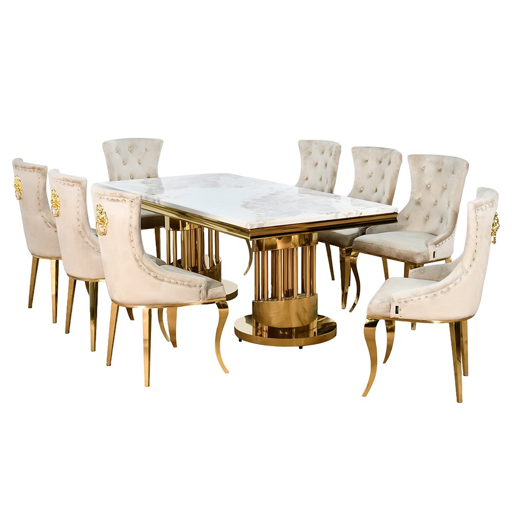 طاولة طعام رخام فاخرة 8 كراسي بقاعدة معدنية ذهبية