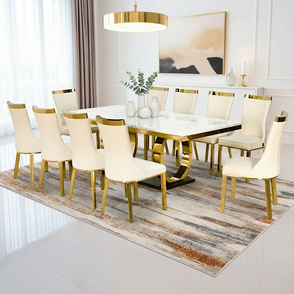 طاولة طعام رخام فاخرة 10 كراسي بقاعدة معدنية ذهبية