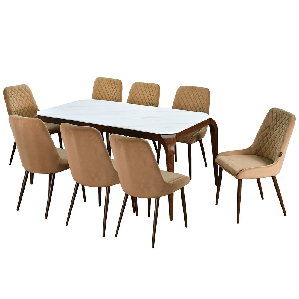 طاولة طعام رخام بأرجل معدنية 8 كراسي بيج