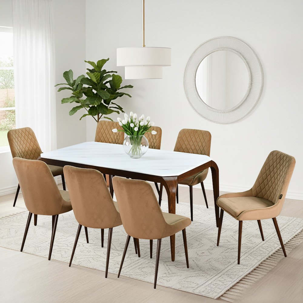 طاولة طعام رخام بأرجل معدنية 8 كراسي بيج