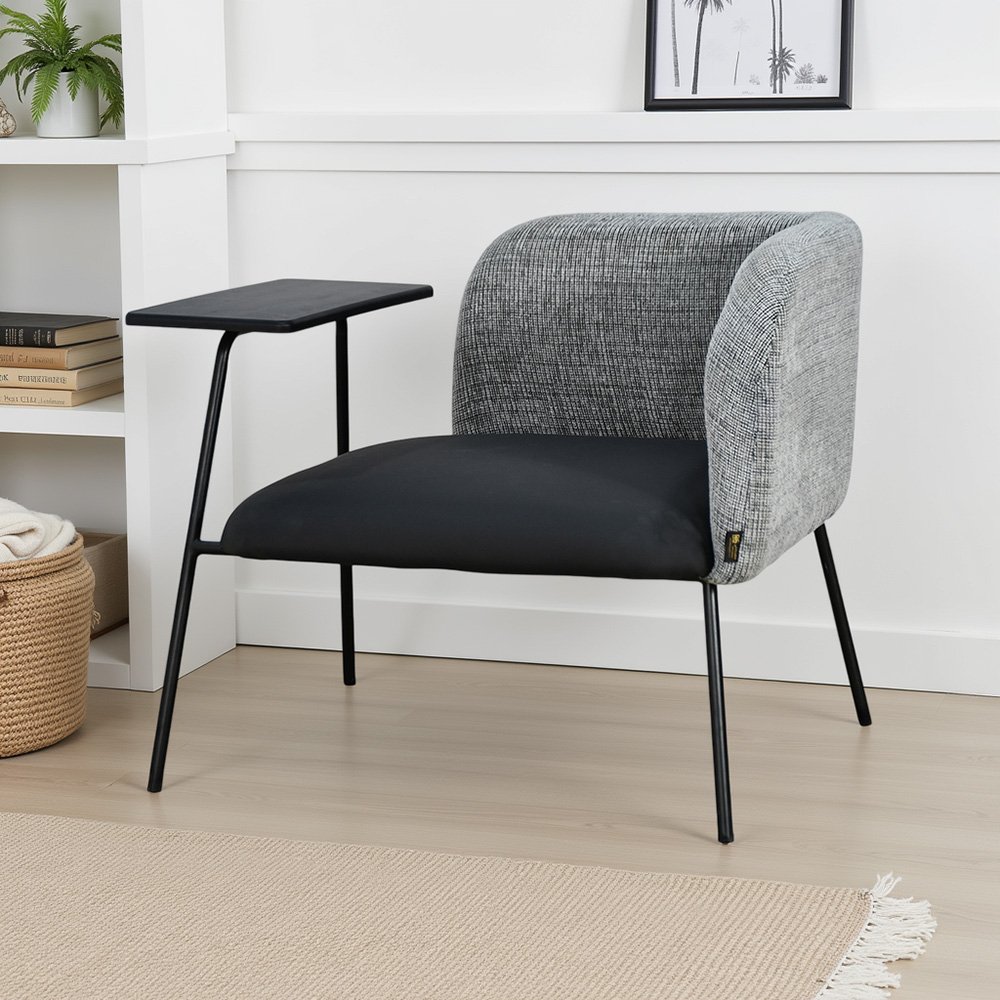 كرسي مفرد جلد بظهر قماش مع طاولة مدمجة