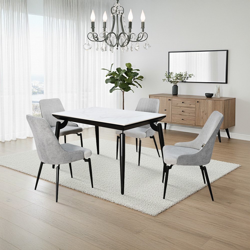 طاولة طعام رخام بأرجل معدنية 4 كراسي رمادي