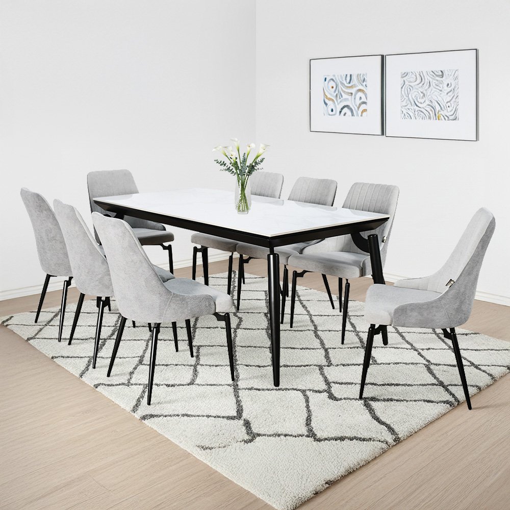 طاولة طعام رخام بأرجل معدنية 8 كراسي رمادي طاولة طعام رخام بأرجل معدنية 8 كراسي رمادي