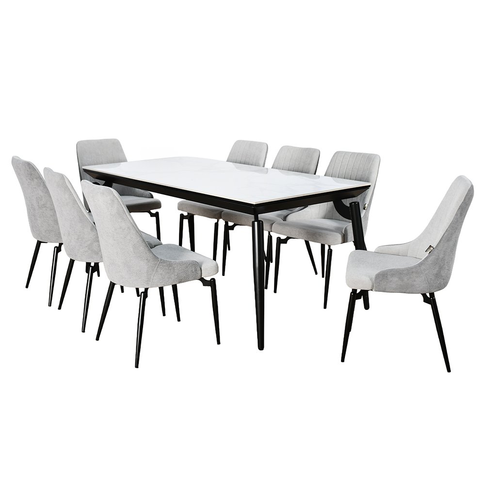 طاولة طعام رخام بأرجل معدنية 8 كراسي رمادي طاولة طعام رخام بأرجل معدنية 8 كراسي رمادي