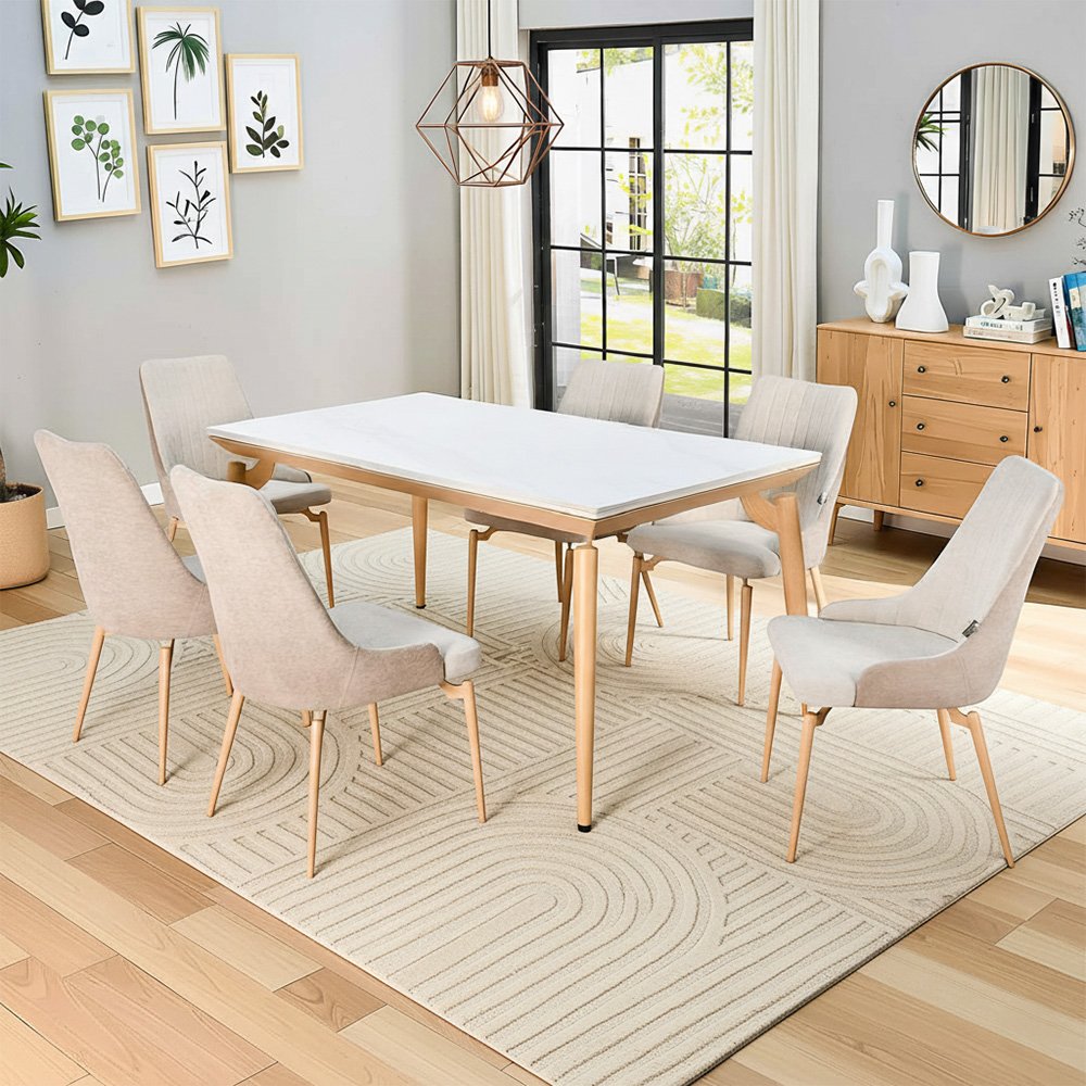 طاولة طعام رخام بأرجل معدنية 6 كراسي بيج