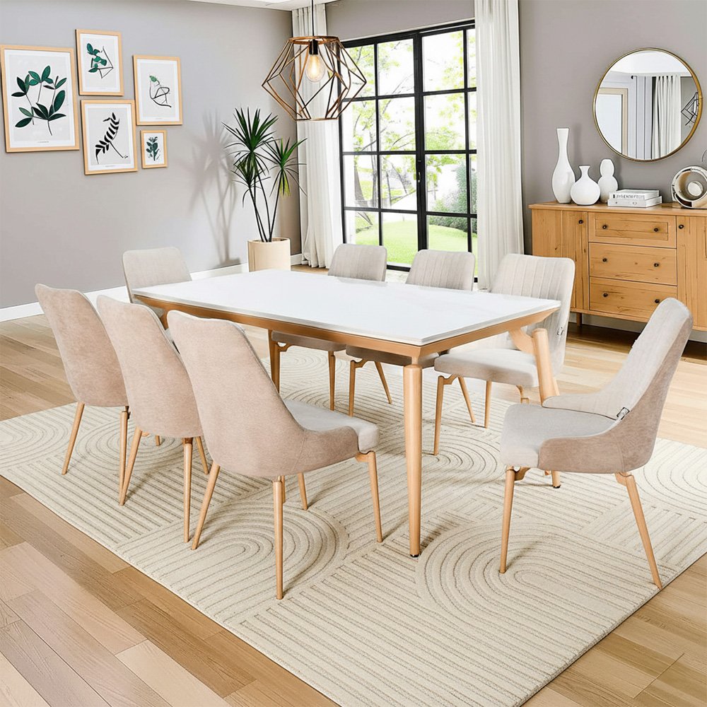 طاولة طعام رخام بأرجل معدنية 8 كراسي بيج