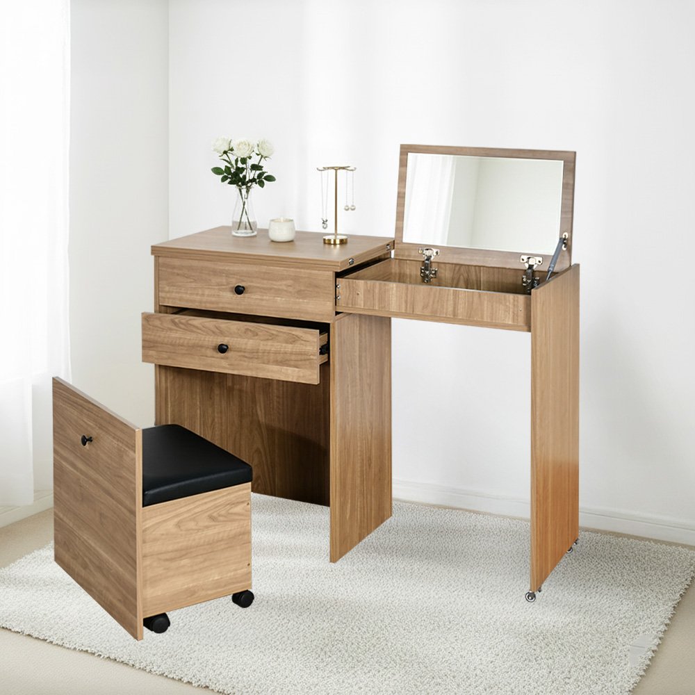 طاولة زينة مودرن خشبية مع مرآة ومقعد متحرك طاولة زينة مودرن خشبية مع مرآة ومقعد متحرك