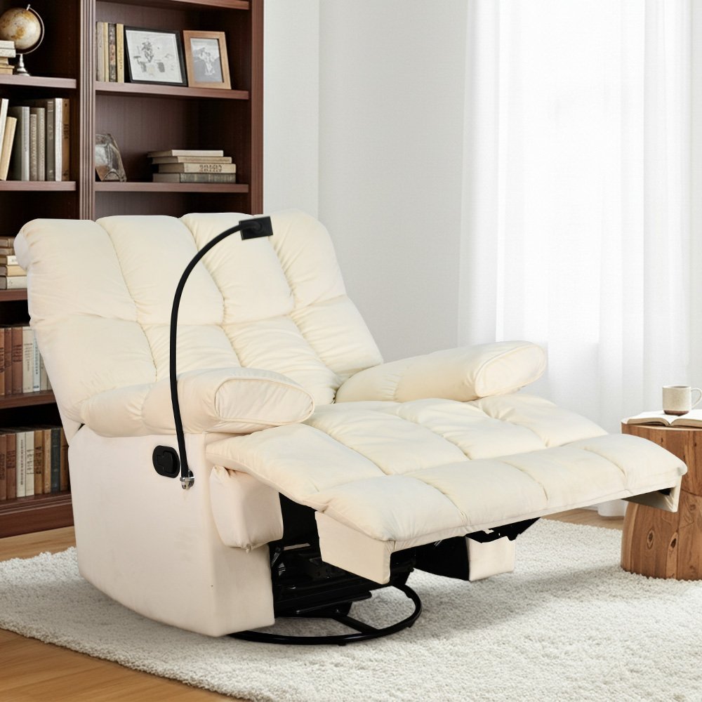 كرسي استرخاء فخم هزاز دوار بحامل جوال أوف وايت كرسي استرخاء فخم هزاز دوار بحامل جوال أوف وايت